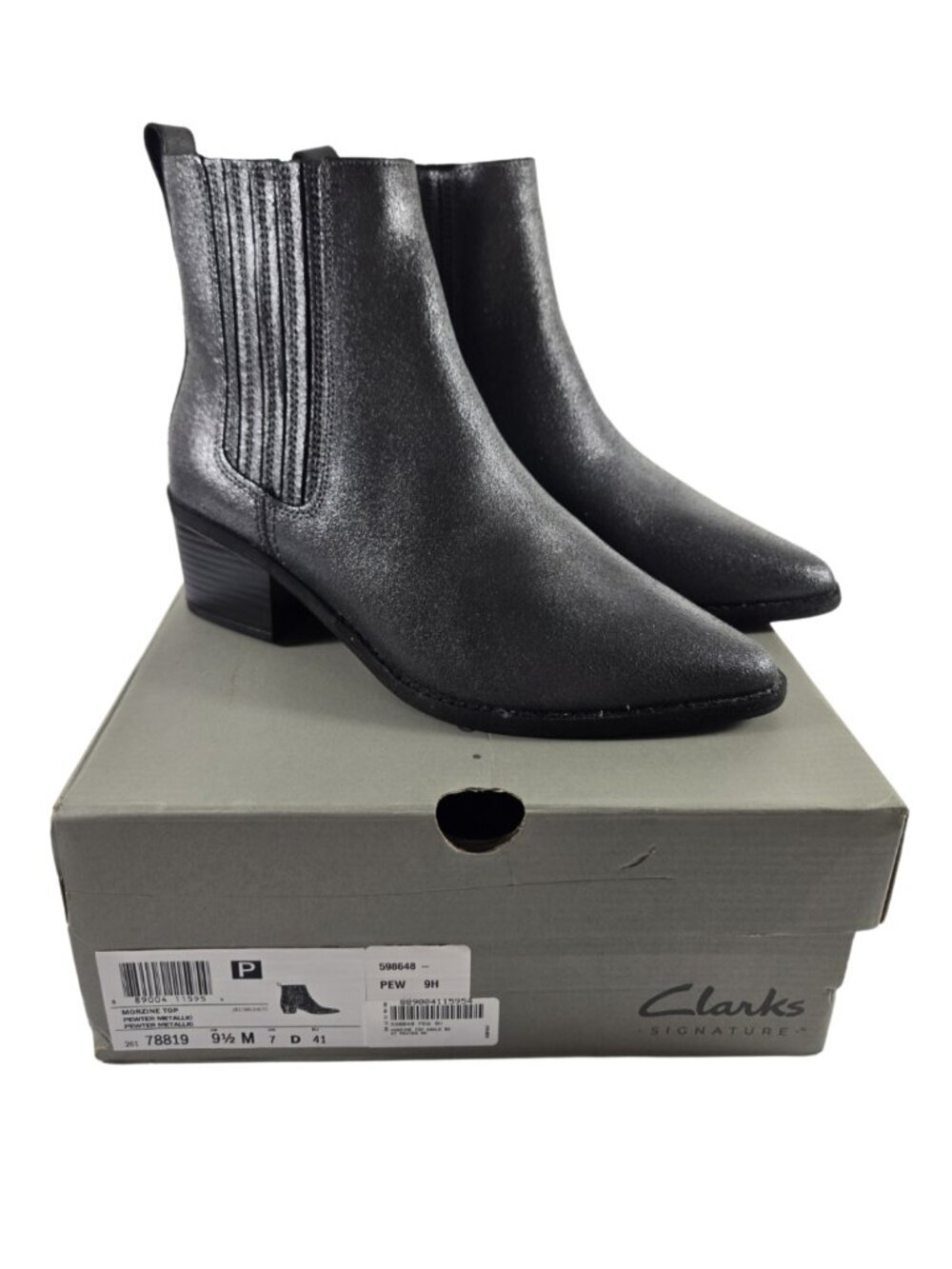 NEW Clarks Morzine Top Ankle Boots Womens 9.5 Pewter Metallic Gray Silver